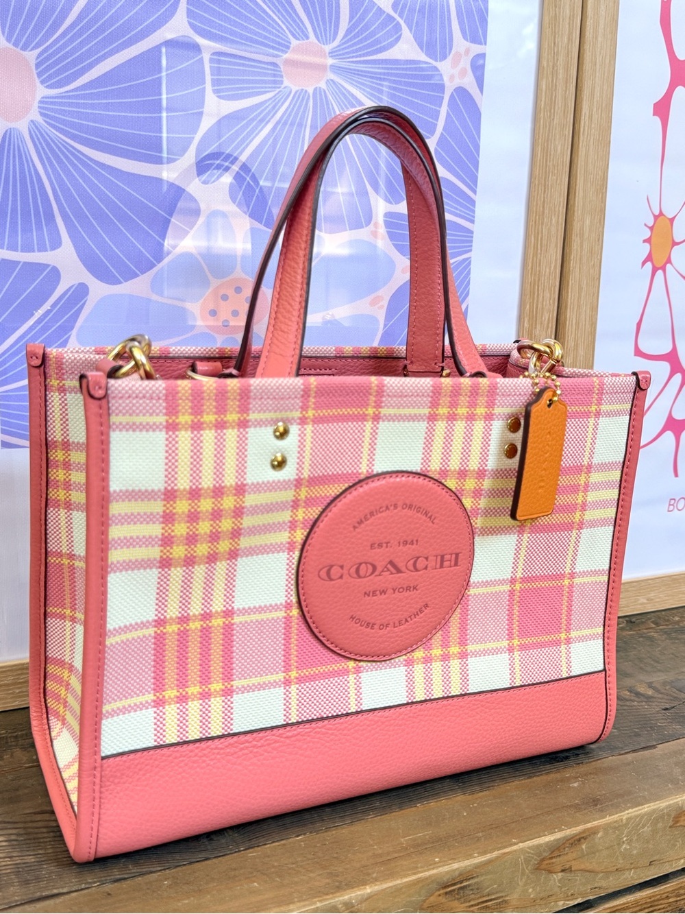 COACH Dempsey Garden Pink Plaid Signature Carryall Tote Bag Mint